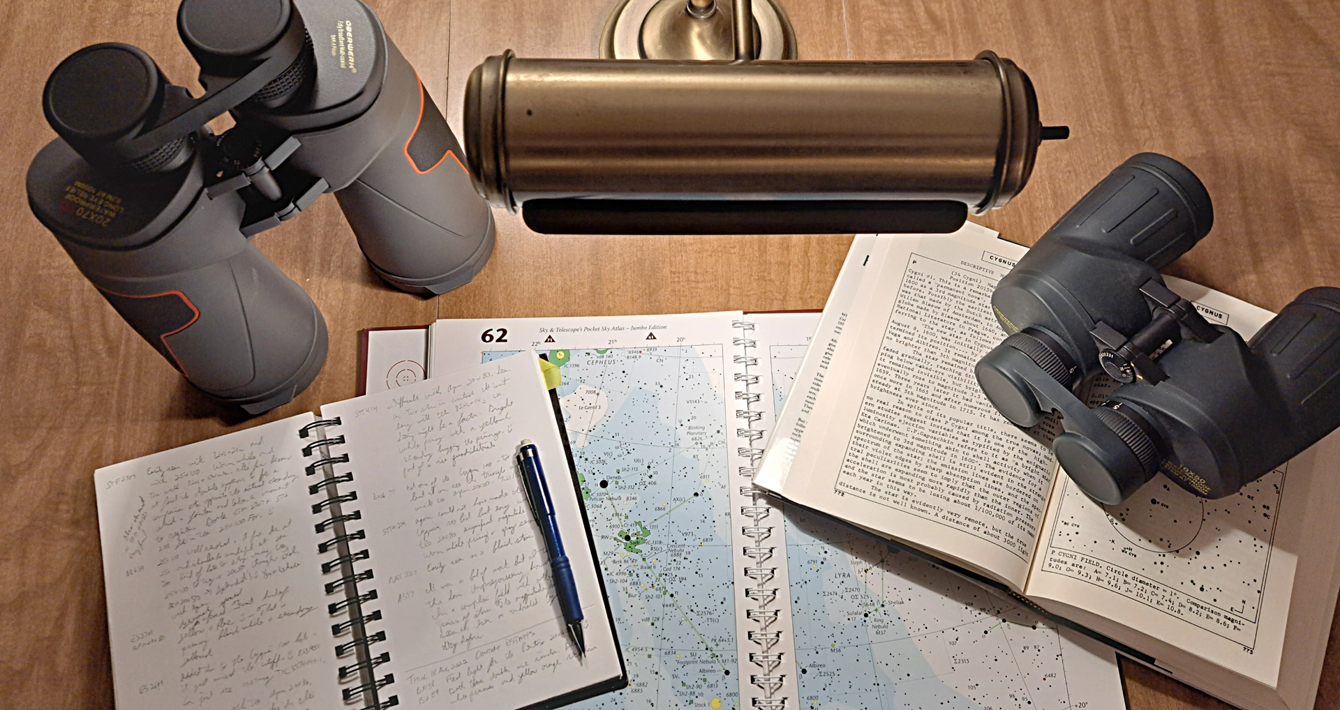 Astronomy journal, star atlas, reference book, and binoculars.